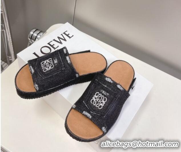 Top Design Loewe Pocket Denim Platform Slide Sandals Black 607109