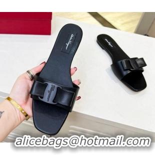 Good Product Salvatore Ferragamo Alice Vara Bow Patent Leather Flat Slide Sandals All Black 012966