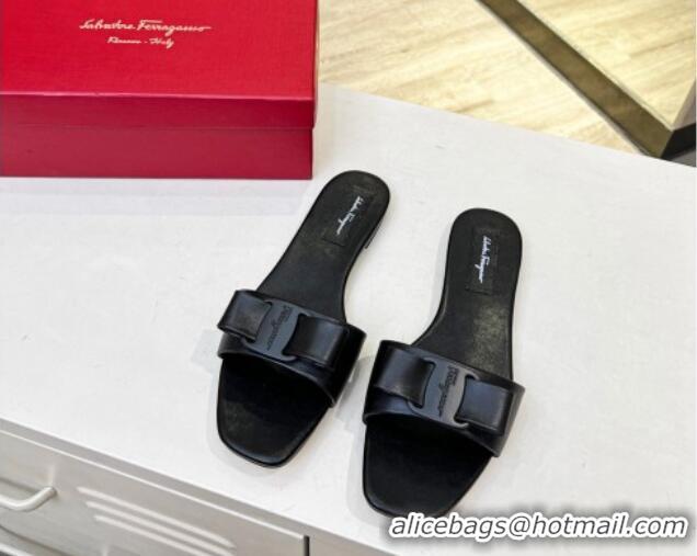 Good Product Salvatore Ferragamo Alice Vara Bow Patent Leather Flat Slide Sandals All Black 012966