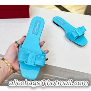 Trendy Design Salvatore Ferragamo Alice Vara Bow Patent Leather Flat Slide Sandals Light Blue 012967