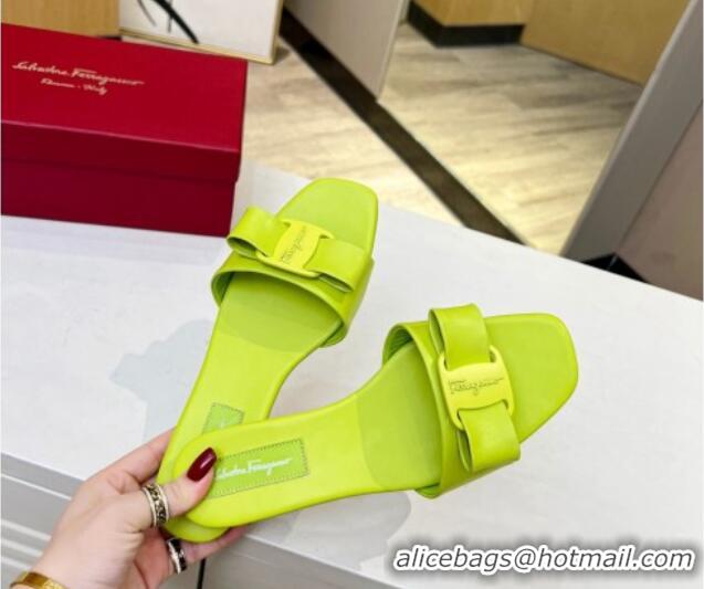 Lowest Cost Salvatore Ferragamo Alice Vara Bow Patent Leather Flat Slide Sandals Neon Green 012968