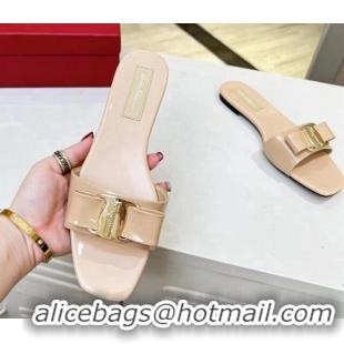 Popular Style Salvatore Ferragamo Alice Vara Bow Patent Leather Flat Slide Sandals Beige/Gold 012969