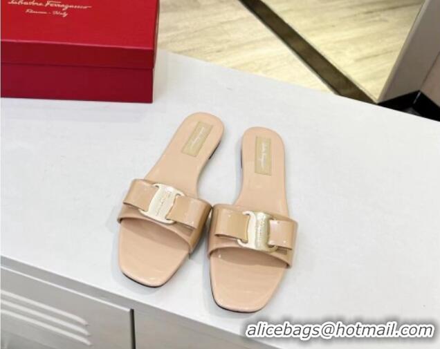 Popular Style Salvatore Ferragamo Alice Vara Bow Patent Leather Flat Slide Sandals Beige/Gold 012969