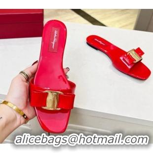 Hot Sell Salvatore Ferragamo Alice Vara Bow Patent Leather Flat Slide Sandals Red/Gold 3012971