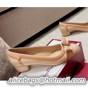 Luxury Salvatore Ferragamo Vara Bow Calfskin Pumps 3.5cm Beige 3022502