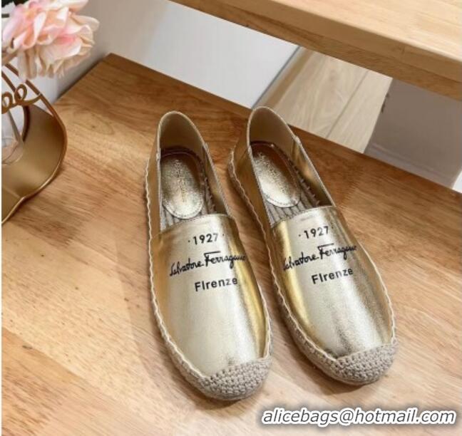 Feminine Ferragamo Metallic Leather and Rope Espadrilles Gold 758335