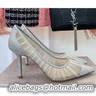 Good Quality Jimmy Choo Love Mesh and Glitter Pumps 8.5cm Silver 013018