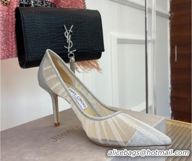 Good Quality Jimmy Choo Love Mesh and Glitter Pumps 8.5cm Silver 013018