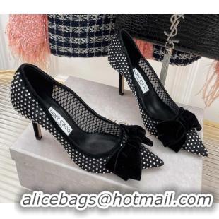 Good Product Jimmy Choo Love Pumps 8.5cm Black Crystal Mesh with Velvet Bow 208104