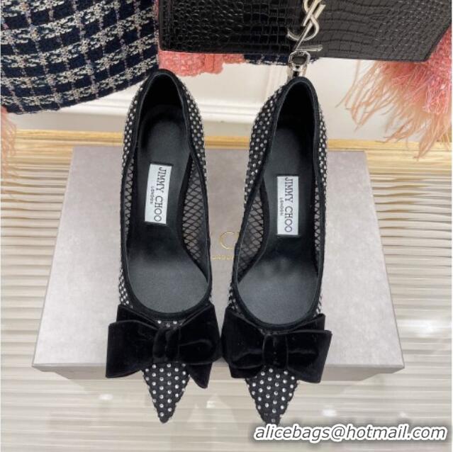 Good Product Jimmy Choo Love Pumps 8.5cm Black Crystal Mesh with Velvet Bow 208104