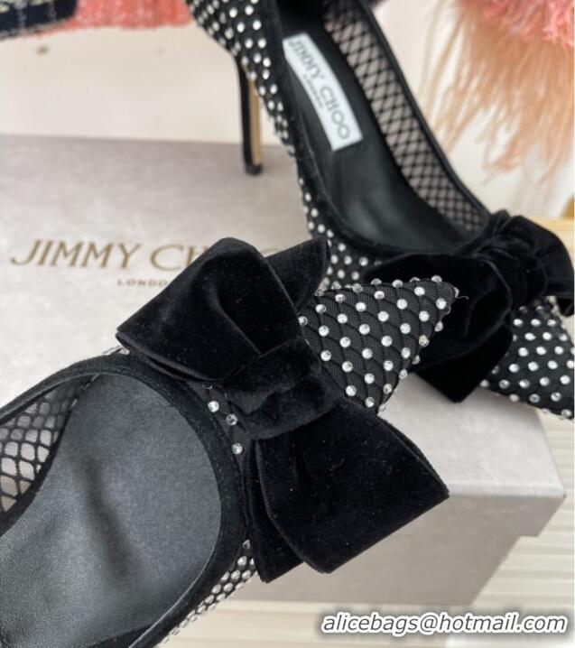 Good Product Jimmy Choo Love Pumps 8.5cm Black Crystal Mesh with Velvet Bow 208104