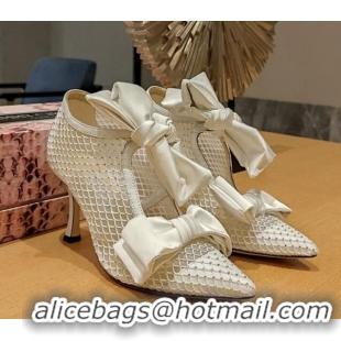 Pretty Style Jimmy Choo Flaca Ankle Boots 8.5cm in Mesh and Silk with Crystals and Bow White 022427