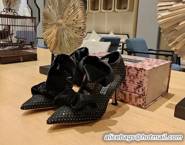 Top Grade Jimmy Choo Flaca Ankle Boots 8.5cm in Mesh with Crystals and Bow Black 022428