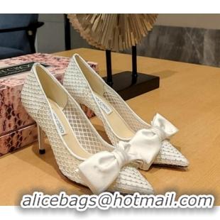 Popular Style Jimmy Choo Flaca Pumps 8.5cm in Mesh and Silk with Crystals and Bow White 022429