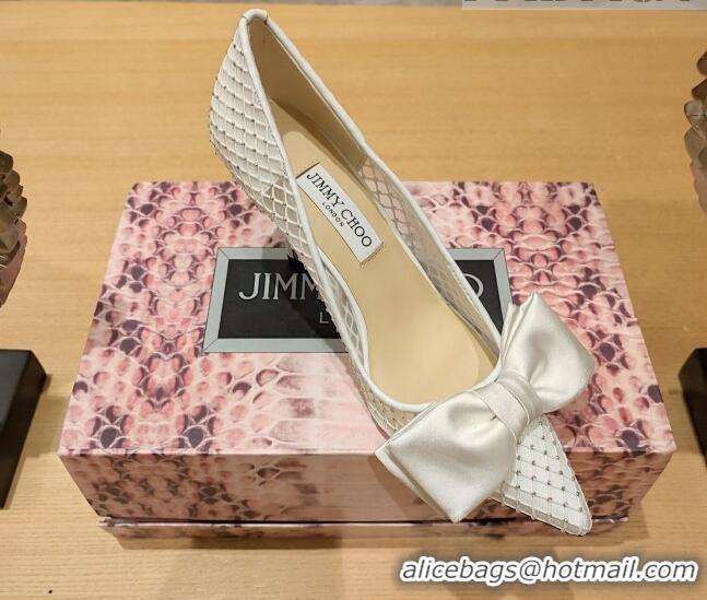 Popular Style Jimmy Choo Flaca Pumps 8.5cm in Mesh and Silk with Crystals and Bow White 022429