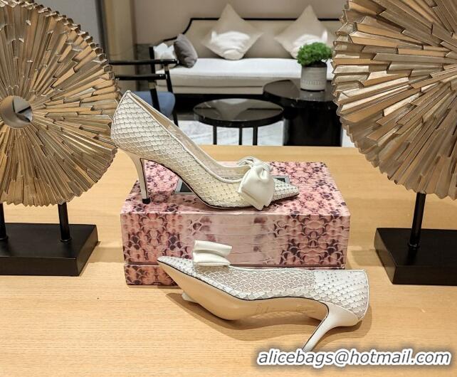 Popular Style Jimmy Choo Flaca Pumps 8.5cm in Mesh and Silk with Crystals and Bow White 022429