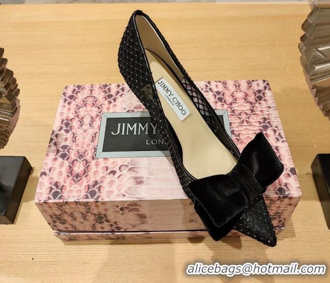 Classic Hot Jimmy Choo Flaca Pumps 8.5cm in Mesh with Crystals and Bow Black 022430