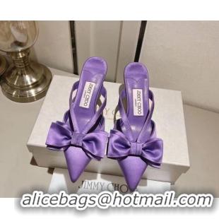 Best Grade Jimmy Choo Flaca Silk Mules 6.5cm with Bow Purple 022431