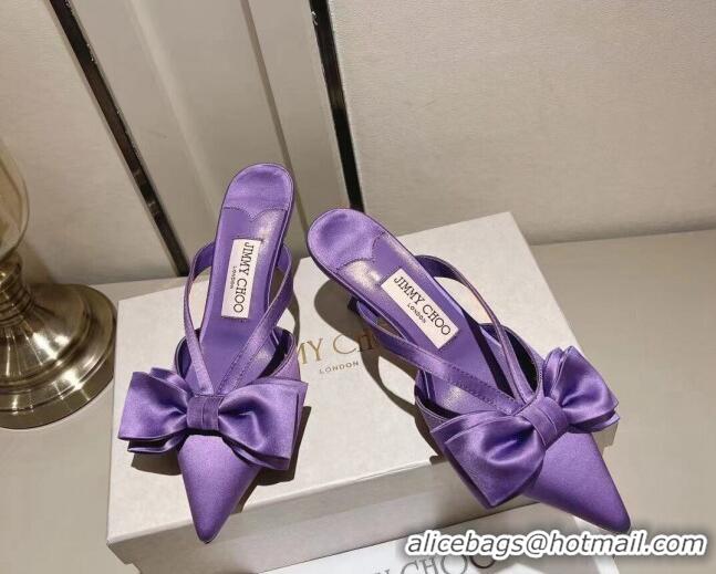 Best Grade Jimmy Choo Flaca Silk Mules 6.5cm with Bow Purple 022431