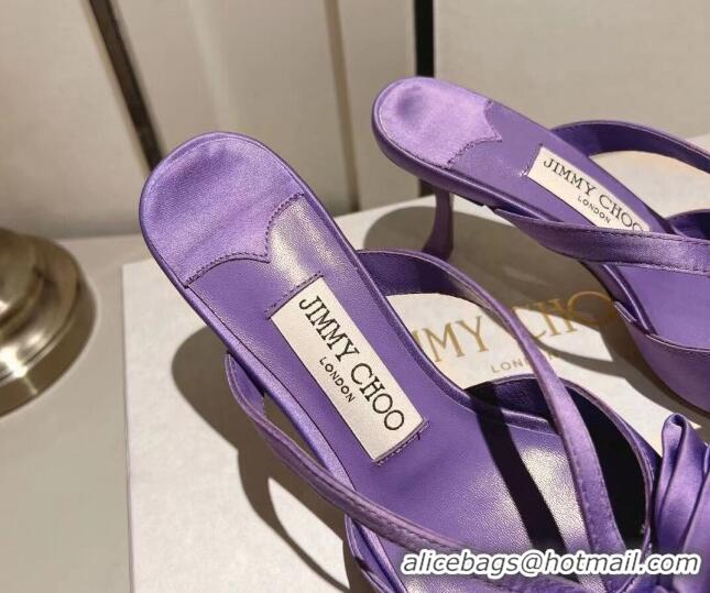 Best Grade Jimmy Choo Flaca Silk Mules 6.5cm with Bow Purple 022431