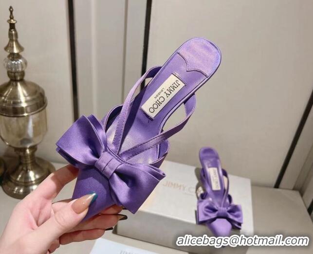 Best Grade Jimmy Choo Flaca Silk Mules 6.5cm with Bow Purple 022431