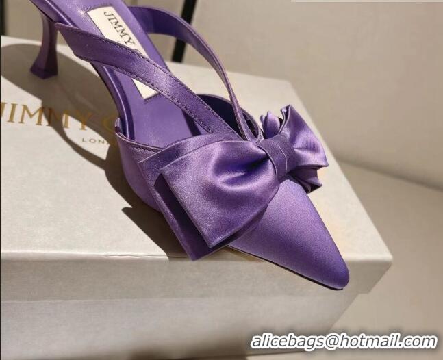 Best Grade Jimmy Choo Flaca Silk Mules 6.5cm with Bow Purple 022431