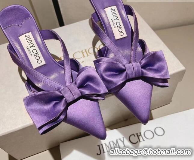 Best Grade Jimmy Choo Flaca Silk Mules 6.5cm with Bow Purple 022431