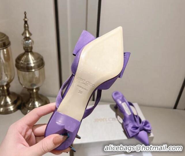 Best Grade Jimmy Choo Flaca Silk Mules 6.5cm with Bow Purple 022431