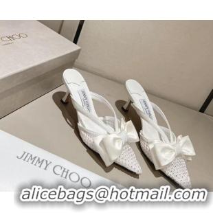 Durable Jimmy Choo Flaca Mules 6.5cm in Mesh and Silk with Crystals and Bow White 022433