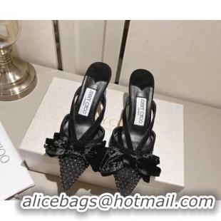 Grade Quality Jimmy Choo Flaca Mules 6.5cm in Mesh with Crystals and Bow Black 022434