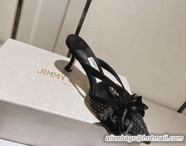 Grade Quality Jimmy Choo Flaca Mules 6.5cm in Mesh with Crystals and Bow Black 022434