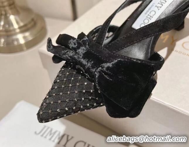 Grade Quality Jimmy Choo Flaca Mules 6.5cm in Mesh with Crystals and Bow Black 022434