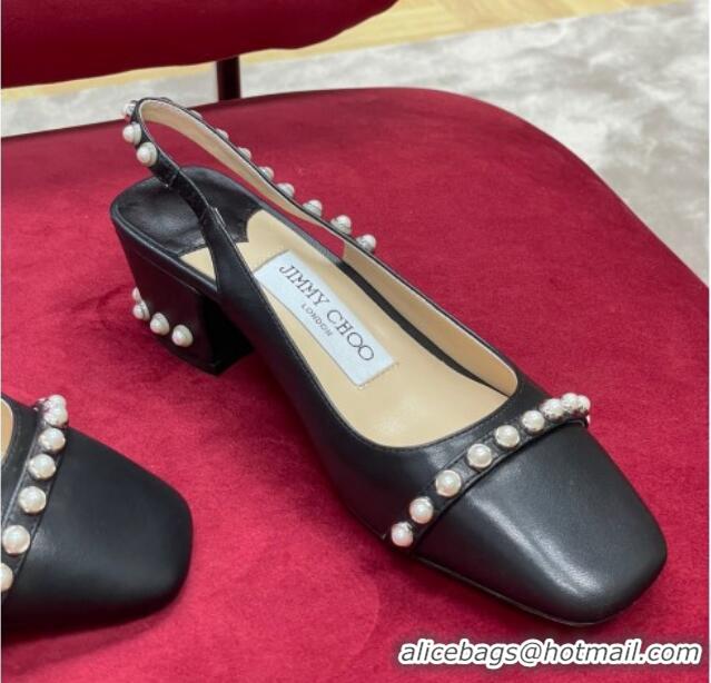 Charming Jimmy Choo Hoska Lambskin Slingback Pumps with Pearls Black 022847