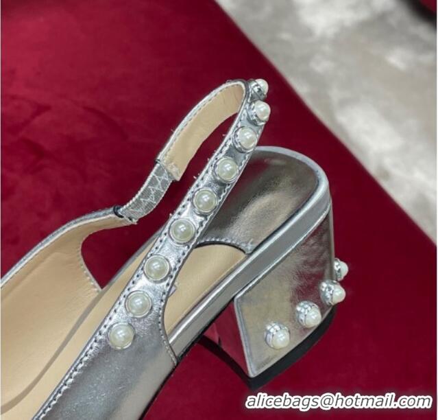 Popular Style Jimmy Choo Hoska Lambskin Slingback Pumps with Pearls Silver 022849