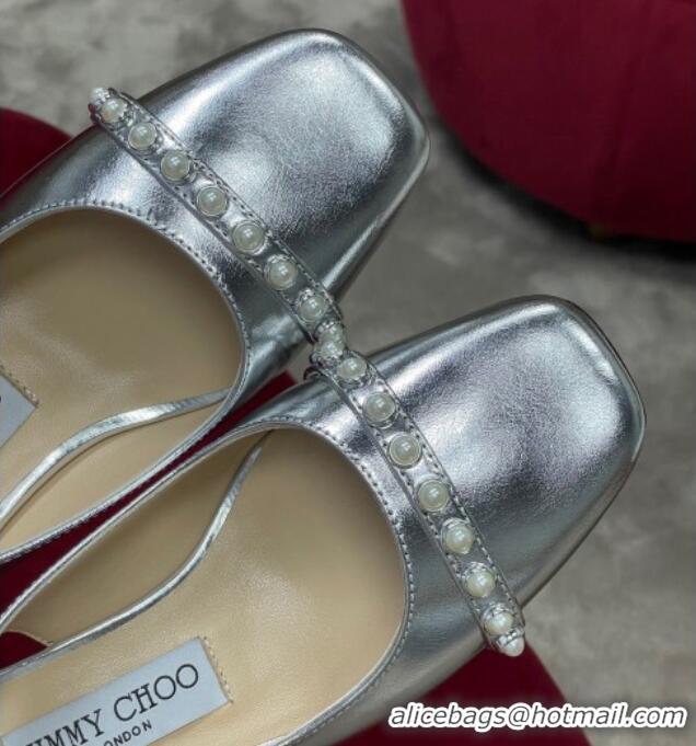 Popular Style Jimmy Choo Hoska Lambskin Slingback Pumps with Pearls Silver 022849