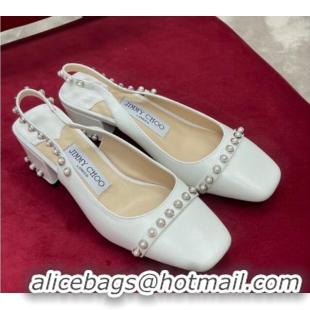 Top Design Jimmy Choo Hoska Lambskin Slingback Pumps with Pearls White 022850