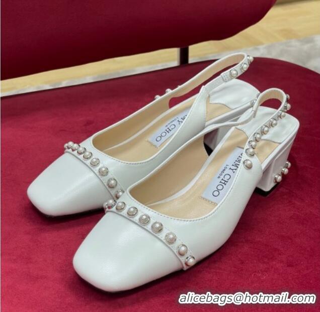 Top Design Jimmy Choo Hoska Lambskin Slingback Pumps with Pearls White 022850