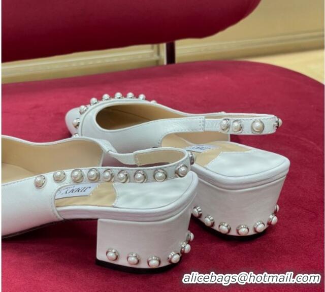 Top Design Jimmy Choo Hoska Lambskin Slingback Pumps with Pearls White 022850