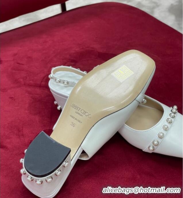 Top Design Jimmy Choo Hoska Lambskin Slingback Pumps with Pearls White 022850