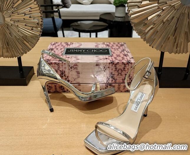 Luxurious Jimmy Choo Alva Glazed Leather High Heel Sandals 10cm Silver 022851