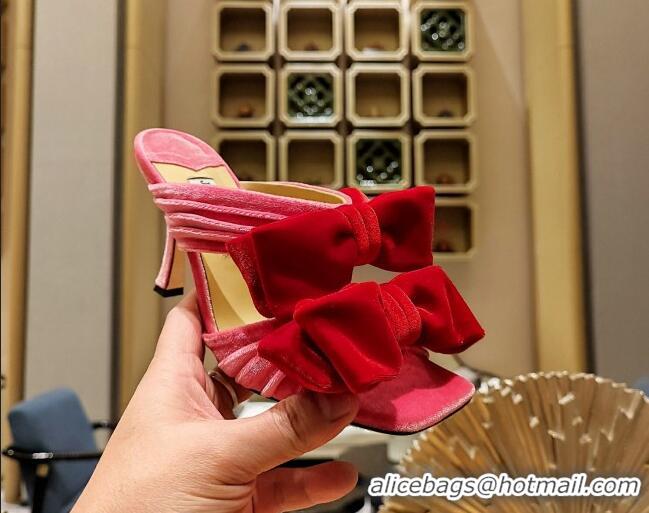 Shop Cheap Jimmy Choo Flaca Velvet High Heel Sandals with Double Bow 8.5cm Pink/Red 022858