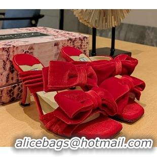 Grade Quality Jimmy Choo Flaca Velvet High Heel Sandals with Double Bow 8.5cm Red 022859