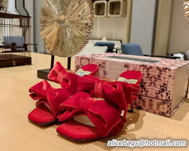 Grade Quality Jimmy Choo Flaca Velvet High Heel Sandals with Double Bow 8.5cm Red 022859