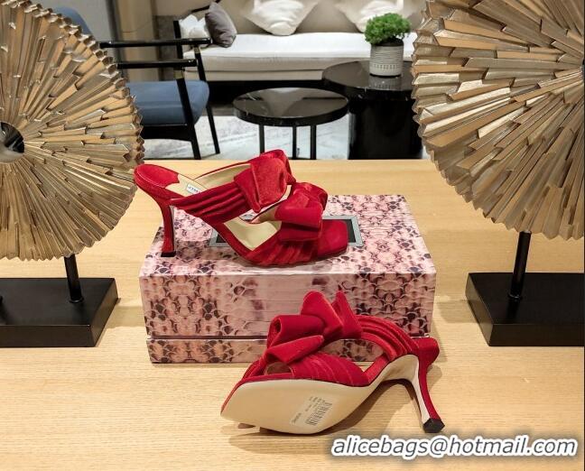 Grade Quality Jimmy Choo Flaca Velvet High Heel Sandals with Double Bow 8.5cm Red 022859