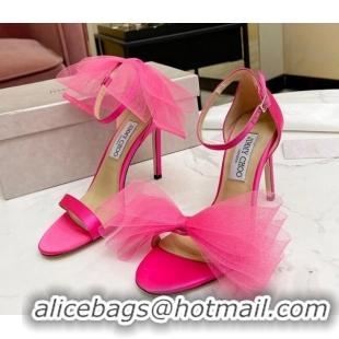 Unique Style Jimmy Choo Aveline Silk High Heel Sandals with Large Mesh Bow Pink 022862