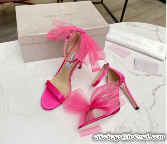 Unique Style Jimmy Choo Aveline Silk High Heel Sandals with Large Mesh Bow Pink 022862