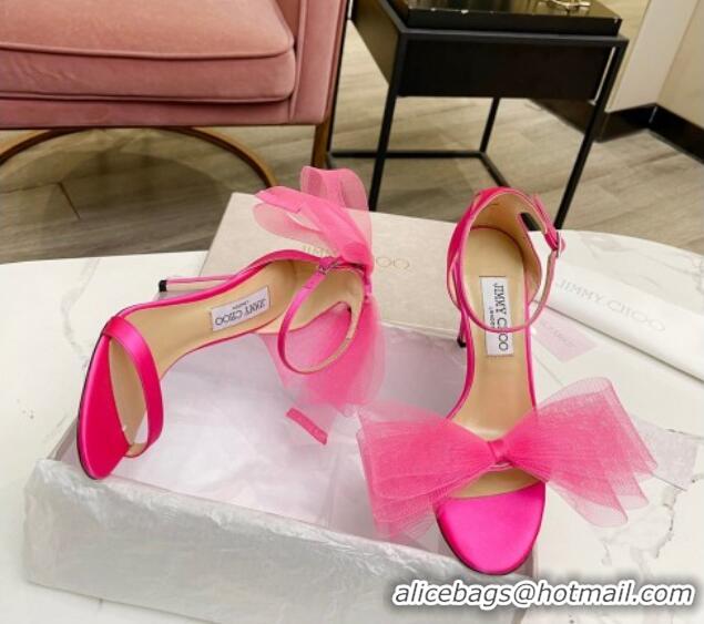 Unique Style Jimmy Choo Aveline Silk High Heel Sandals with Large Mesh Bow Pink 022862