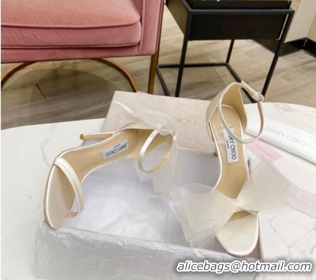 Perfect Jimmy Choo Aveline Silk High Heel Sandals with Large Mesh Bow White 022863