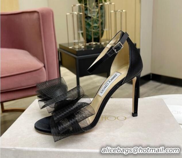 Unique Discount Jimmy Choo Aveline Silk High Heel Sandals with Large Mesh Bow Black 022864