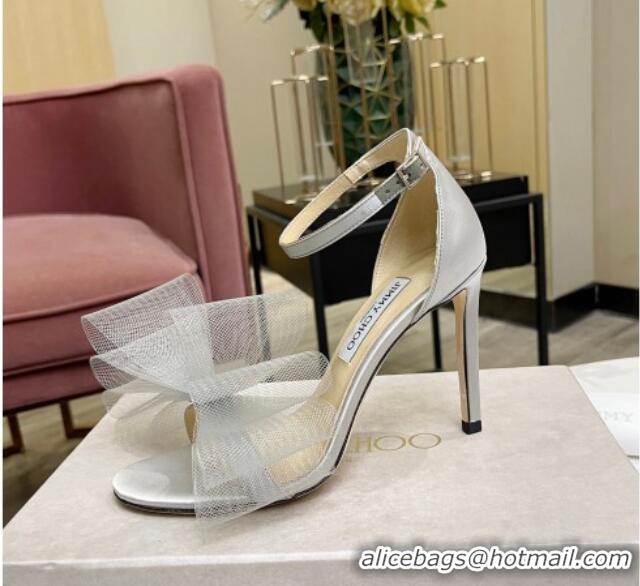 Most Popular Jimmy Choo Aveline Silk High Heel Sandals with Large Mesh Bow Silver 022865